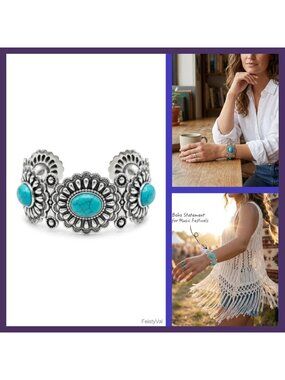 Turquoise Cuff Bracelet Adjustable Boho Western Statement Jewelry